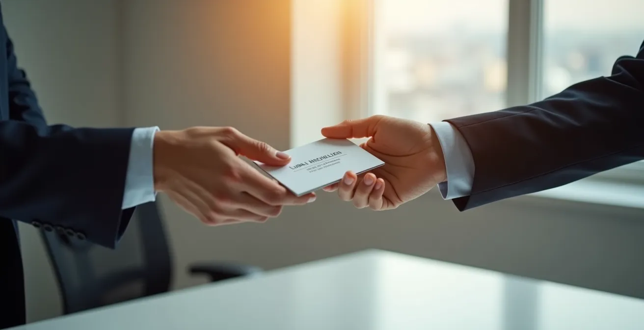 Échange de cartes de visite lors d'une rencontre professionnelle, rendu élégant et minimaliste