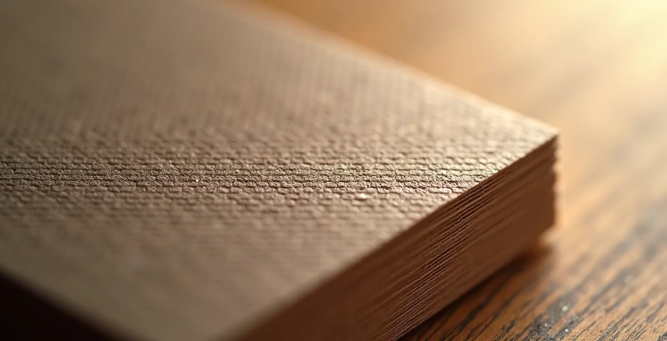 Détail macro d'une texture de papier premium, grammage élevé, montrant les micro-fibres et la qualité de surface