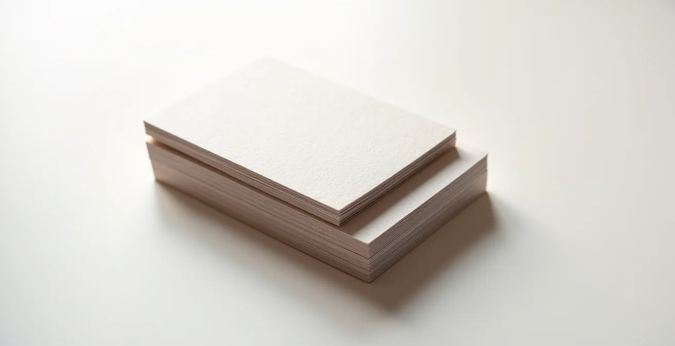 Trois cartes empilées montrant différentes textures et grammages : papier fin, papier standard, papier épais premium avec vernis