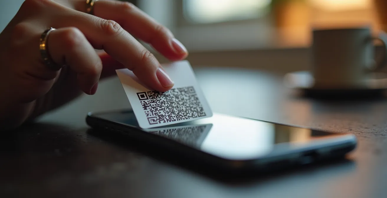 Moment interactif : doigt pointant vers un code QR sur une carte de visite, écran smartphone en arrière-plan affichant les informations